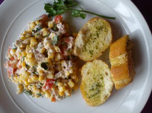 Tuna, corn, mayo , garlic bread