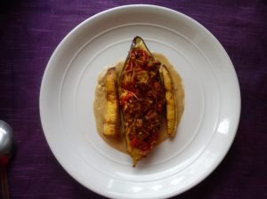 Aubergine, plantain, peanut butter sauce